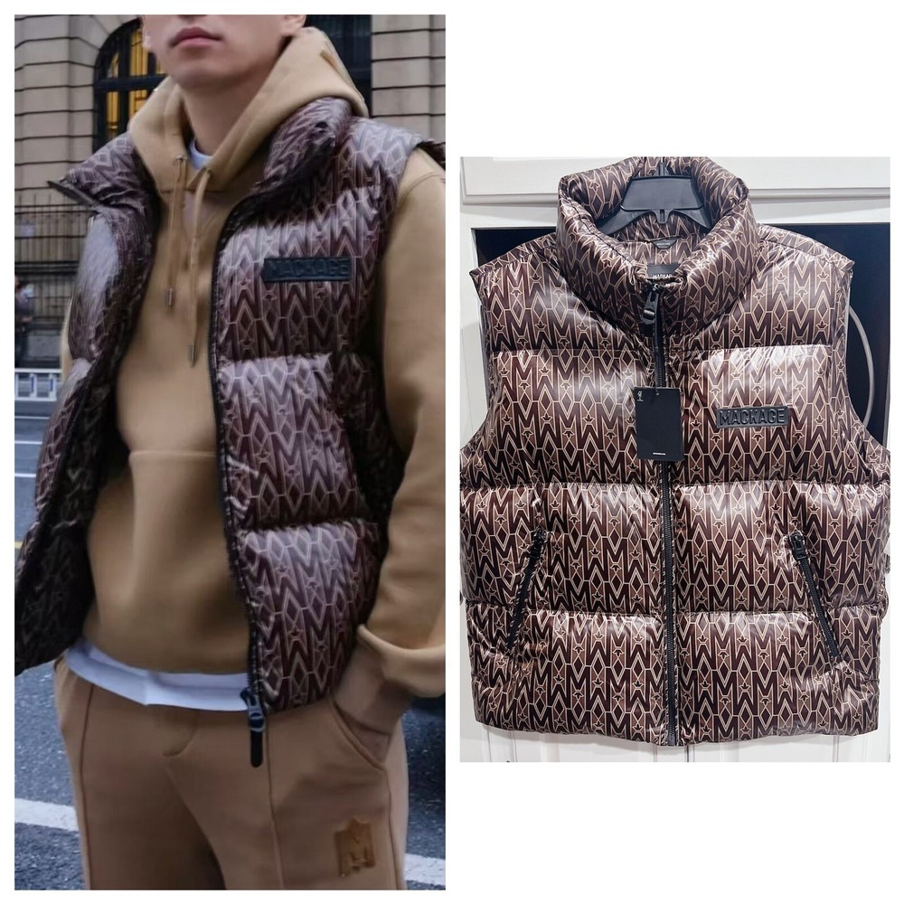 Mackage Coffee Kane MG Logo Monogram Print Quilted 800 Down Vest Mens Size 46